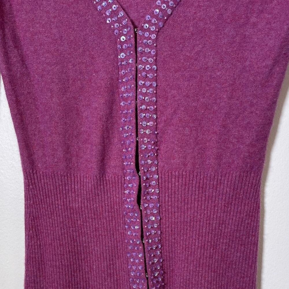 Vintage Y2K Plenty Wool Blend Magenta Deep V Cardigan / Sz L / Fitted Sequined - Picture 7 of 10